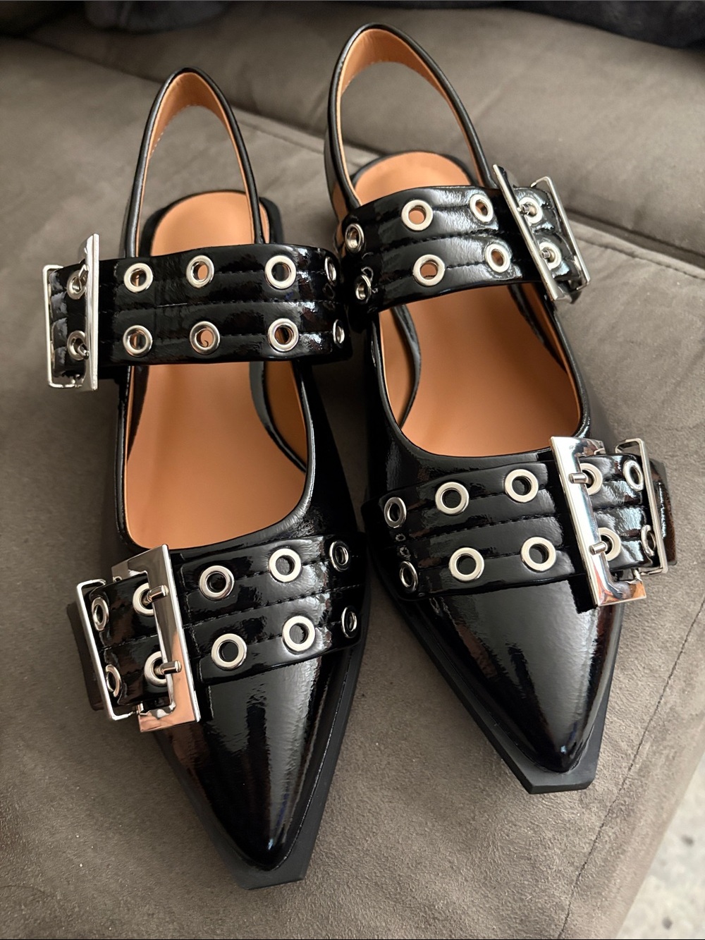 Black Patent Pointed Slingback Flats with Grommet Straps